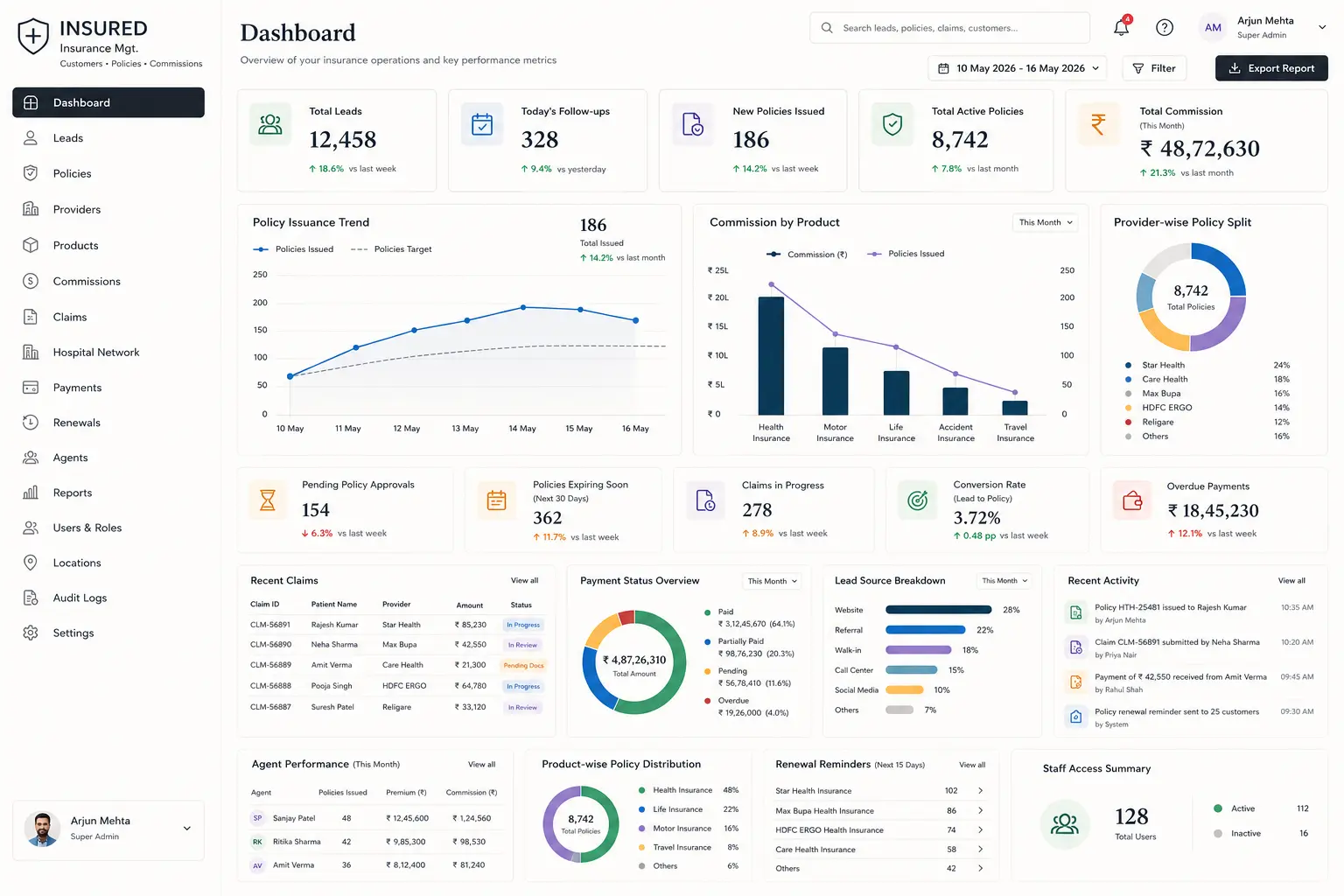 Insurance Agent CRM case study interface screenshot